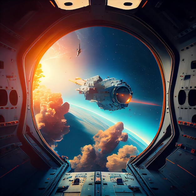 A spaceship is seen through a window with a view of earth and the planet earth.