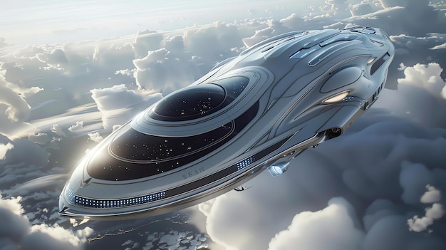 The spaceship is sleek and silver with a large window on the front It is flying through a cloudy sky and the sun is reflecting off of its surface