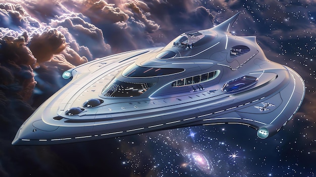 The spaceship is sleek and silver with a long pointed nose and a large round engine at the back