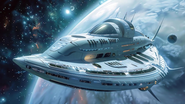 The spaceship is sleek and white with a large window at the front Its flying in space with a planet and stars in the background