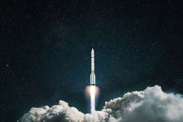 Spaceship launch into space. Rocket takes off in the starry blue sky