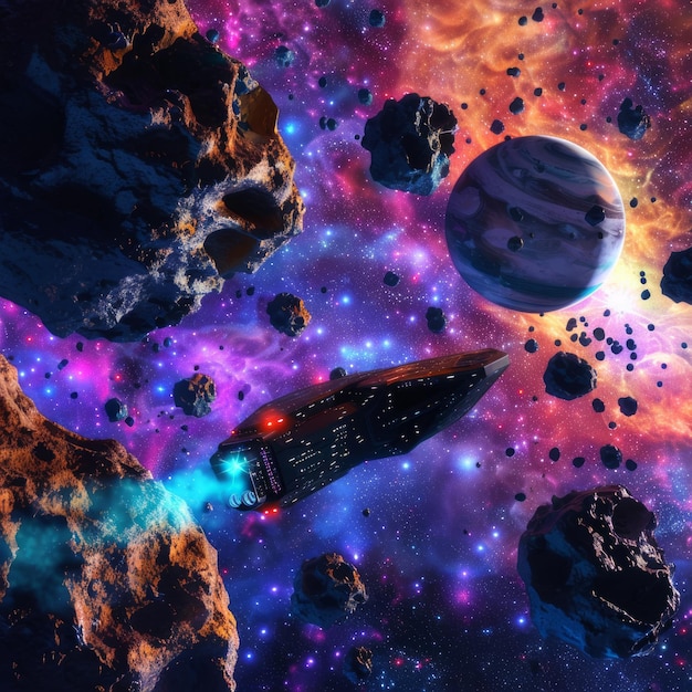 Spaceship navigating through asteroid field colorful nebula and distant planet