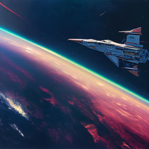 Photo spaceship in outer space. desktop wallpaper. sci-fi illustration