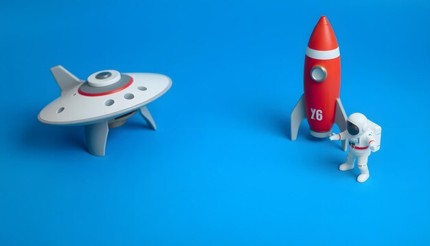 Photo spaceship rocket astronaut ufo toys on blue background with copy space isolated with white