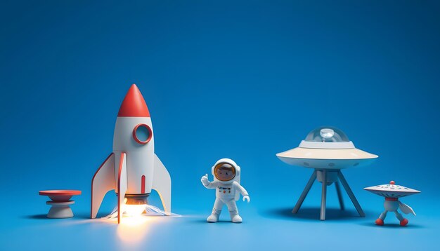 Photo spaceship rocket astronaut ufo toys on blue background with copy space isolated with white