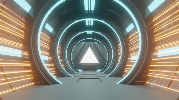 Spaceship Science ficiton Room Tunnel Abstract colorful neon glowing light background Speed light illuminated Florescent on the dark scene Curvy moving line shape 3D render