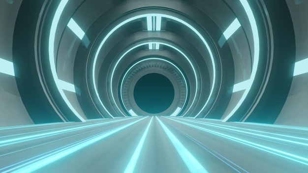 Spaceship Science ficiton Room Tunnel Abstract colorful neon glowing light background Speed light illuminated Florescent on the dark scene Curvy moving line shape 3D render