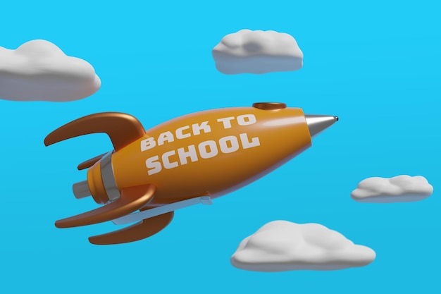 Spaceship in the shape of a pen with the text quotback to schoolquot flying on the sky 3d illustration