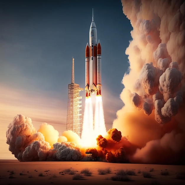 The spaceship takes off into the sky Rocket starts in space generative AI