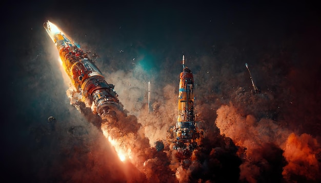 Spaceship takes off into the starry sky Rocket starts into space 3d rendering