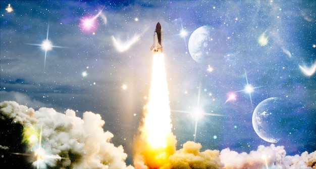 Spaceship takes off into the starry sky. Rocket starts into space. Concept , Elements of this image furnished by NASA