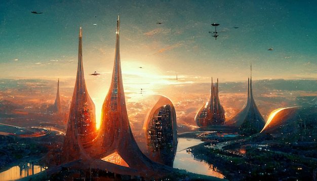 Spaceship up to Futuristic City Fractal architecture illustration