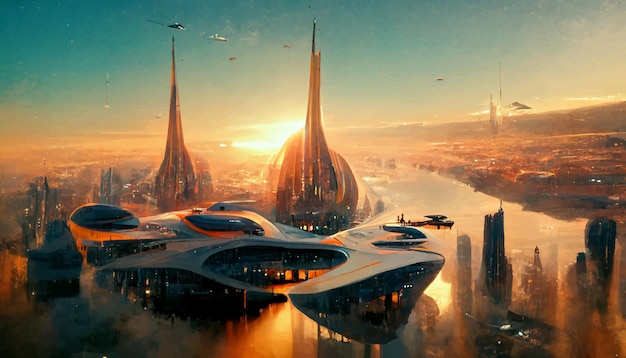 Spaceship up to Futuristic City Fractal architecture illustration