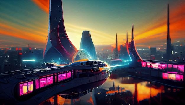 Spaceship up to Futuristic City neon ligths Fractal architecture illustration