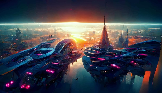 Spaceship up to Futuristic City neon ligths Fractal architecture illustration