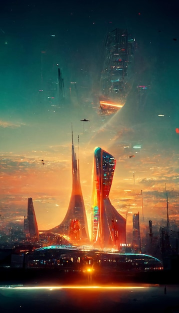 Spaceship up to Futuristic City neon ligths Fractal architecture illustration