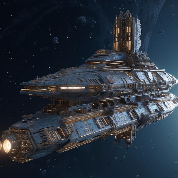 A spaceship with a large ship in the background