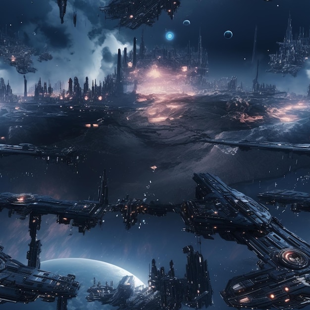 Spaceships flying over a futuristic city at night with a planet in the background generative ai