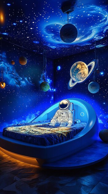 Photo spacethemed bedroom with a bed and space decor