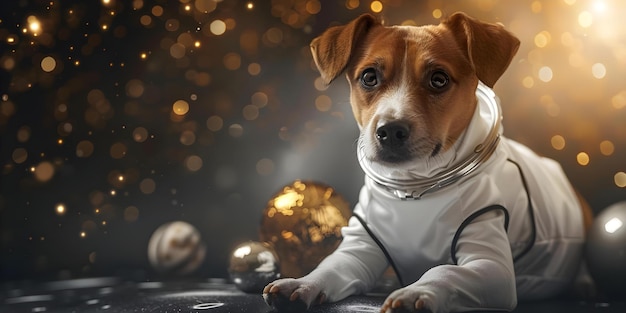 Spacethemed Dog in Astronaut Costume on a Dark Background Concept Pets in Costumes Space Exploration Astronautic Art Dog Photography Dark Backgrounds