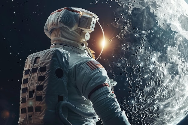 A spacewalking astronaut near the Moon during Artemis space program image elements by