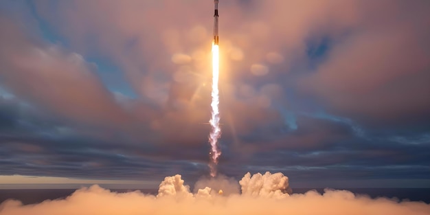 SpaceX rocket launches through clouds symbolizing progress in space exploration Concept Space Exploration SpaceX Rocket Launch Clouds Progress