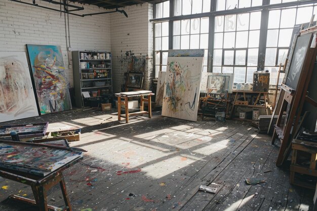 The spacious art studio is bathed in natural light through large windows filled with paintings and artists tools that create an atmosphere of creativity and artistic exploration