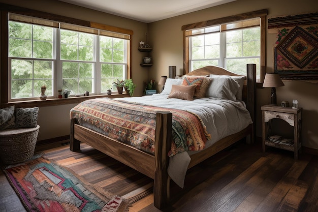 Spacious bedroom with rustic wooden bed frame lush pillows and cozy quilt