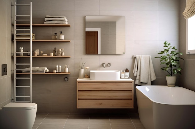 Spacious beige bathroom with bathtub sink toilet and mirror