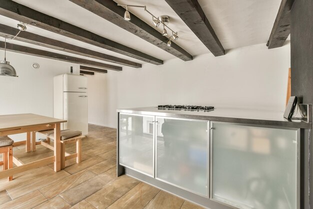 Spacious bright kitchen with dining area