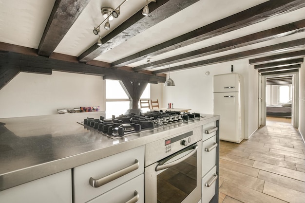 Spacious bright kitchen with dining area