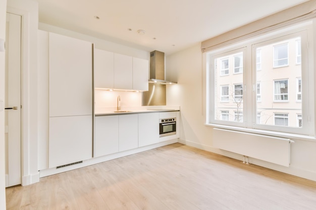 Spacious bright white kitchen with windows