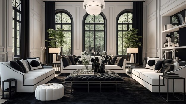 Spacious classic living room in black and white