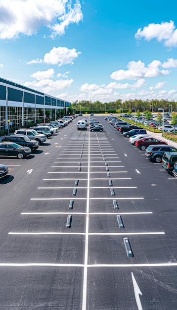 Spacious Corporate Office Parking Lot with WellMaintained Cars and Clear Markings on a Sunny Day