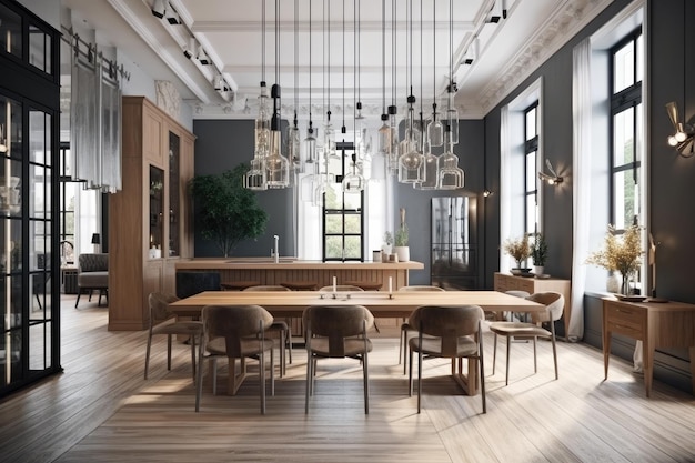 Spacious dining room with rustic wooden furniture Generative AI