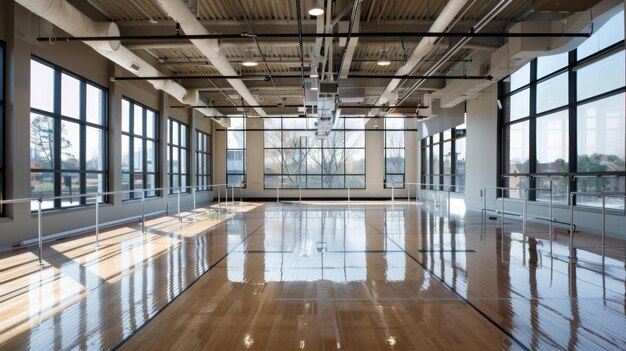 Photo a spacious empty dance studio featuring floortoceiling windows polished wooden floors and bright