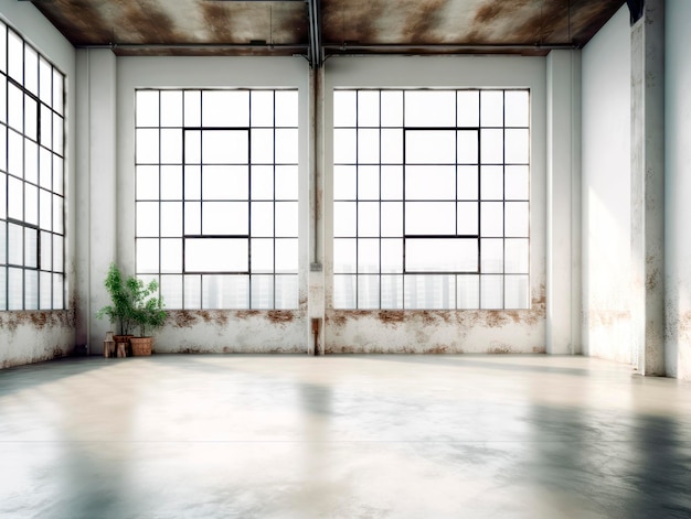 A spacious empty loft with large windows plants and sunlight showcasing an urban interior concept on a bright background Generative AI