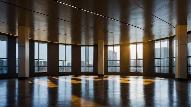 Spacious empty room with large windows and a city skyline view