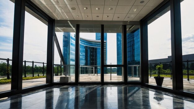 Spacious empty room with large windows and reflective floor