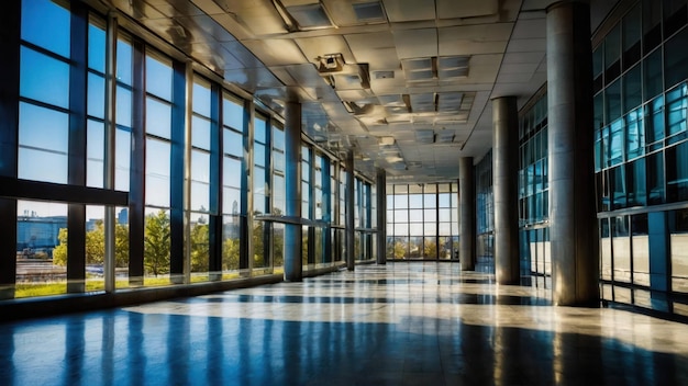 Spacious empty room with large windows and reflective floor