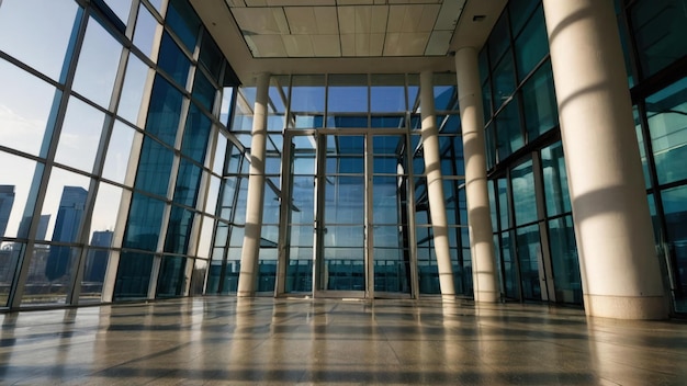 Spacious empty room with large windows and reflective floor