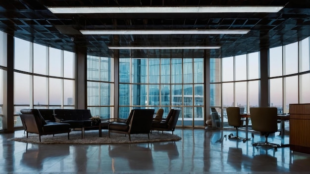 Spacious empty room with large windows and reflective floor