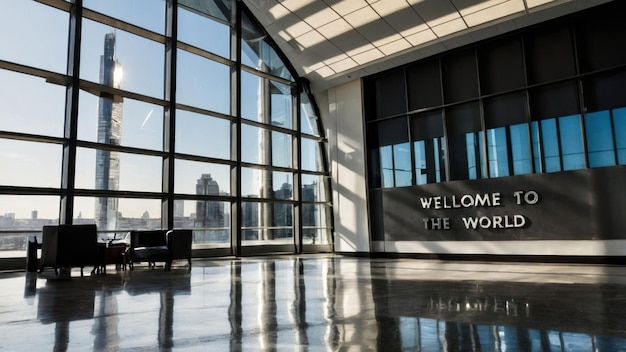 Spacious empty room with large windows and reflective floor