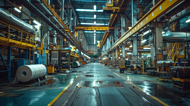 A spacious factory interior filled with machinery industrial equipment and large rolls of material under bright lights