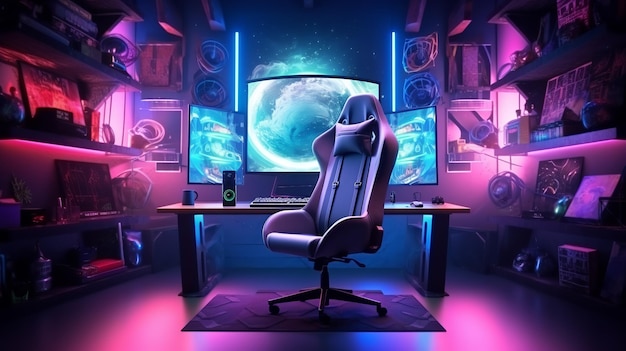 Spacious gamer room with full luxury computers rgb gear with wide screen soft chair Generate AI