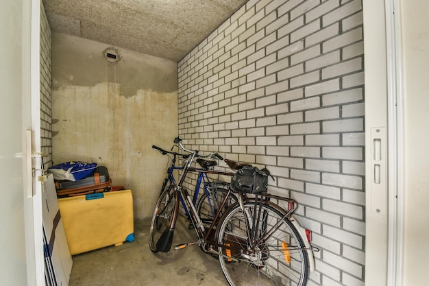 Spacious garage with brick walls