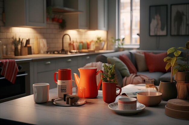 Spacious Kitchen in Beige and Gray Tones with a Stylish Tea Serving Table