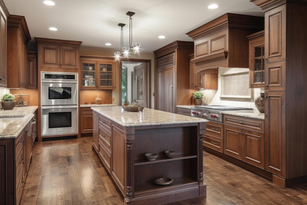 Spacious kitchen in a classic style paneled facades made of natural wood gray stone worktops natural