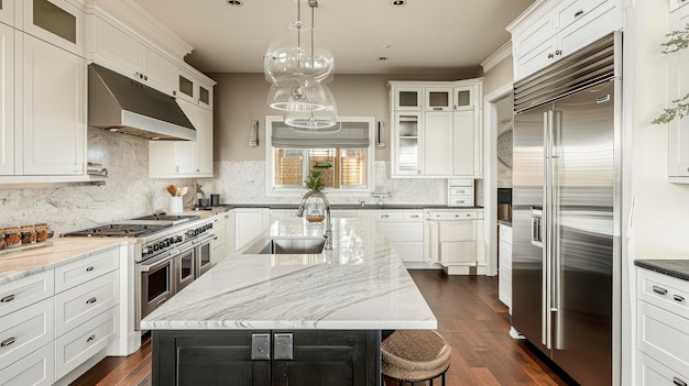 Spacious kitchen interior featuring marble countertops detailed cabinetry and highend appliances