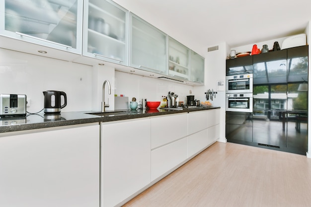 Spacious kitchen room with white and matte cabinets and built in chrome appliances in daylight